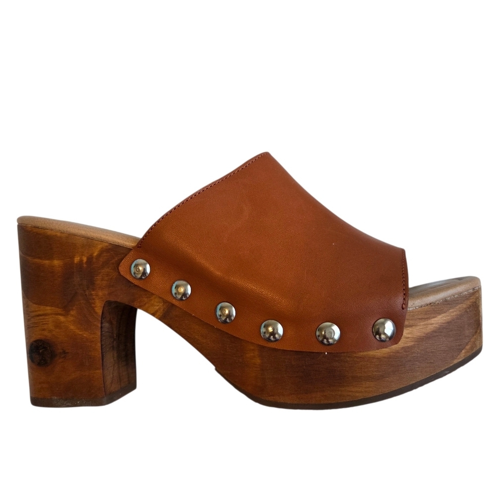 Chelsea & Violet Verger Leather Wood Platform Heel Open Toe Clogs Sandals Sz 8.5